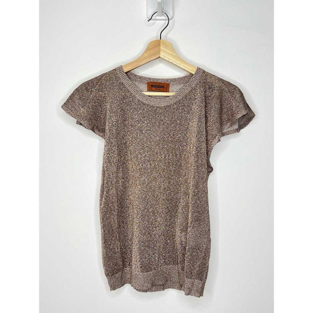 Missoni Metallic Lurex Knit Short Sleeve Top Womens 42 Gold Italy Luxury NWOT